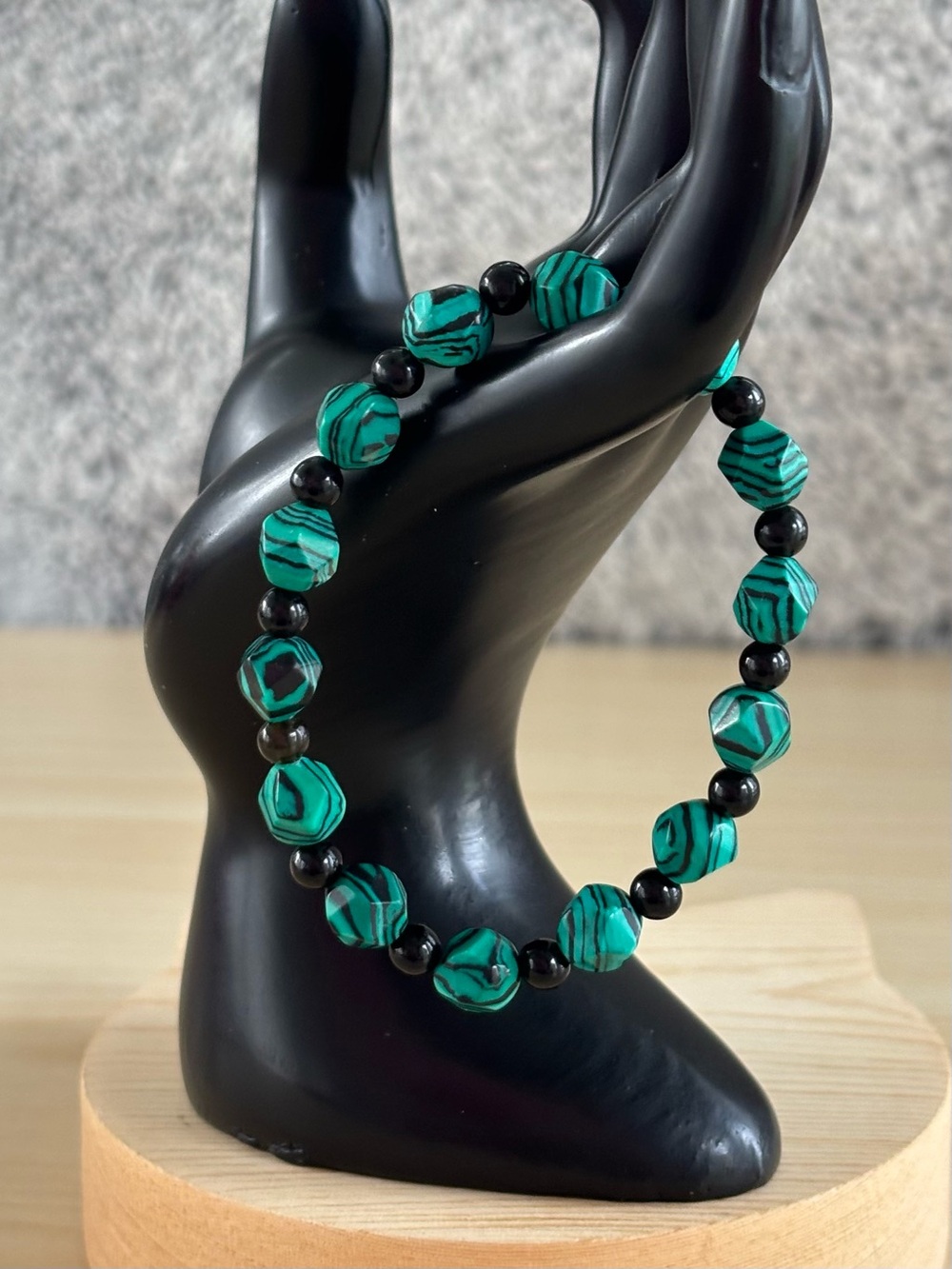 Faux Malachite & Black Obsidian Beaded Bracelet